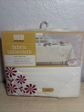 Martha Stewart  Daisy Garland Tablecloth - Cream with Red Embroidery 60inx84in